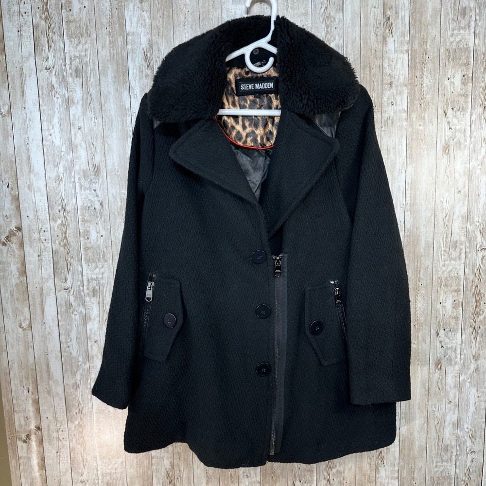 Steve Madden Womens Black Faux‎ Fur Trim Asymmetrical Zip Coat Size Large edgy